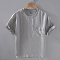 Buddha Stones Crew Neck Simple Design Men's Short Sleeve Linen Shirt With Pocket
