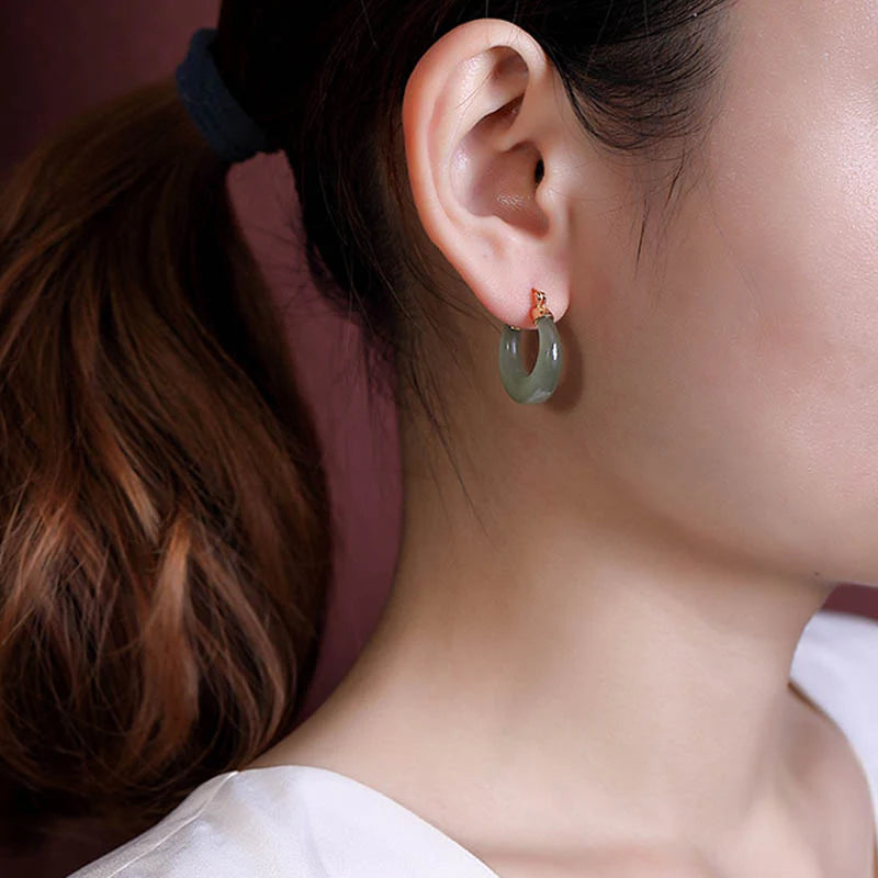 Buddha Stones Round Jade Cyan Jade Prosperity Luck Drop Earrings