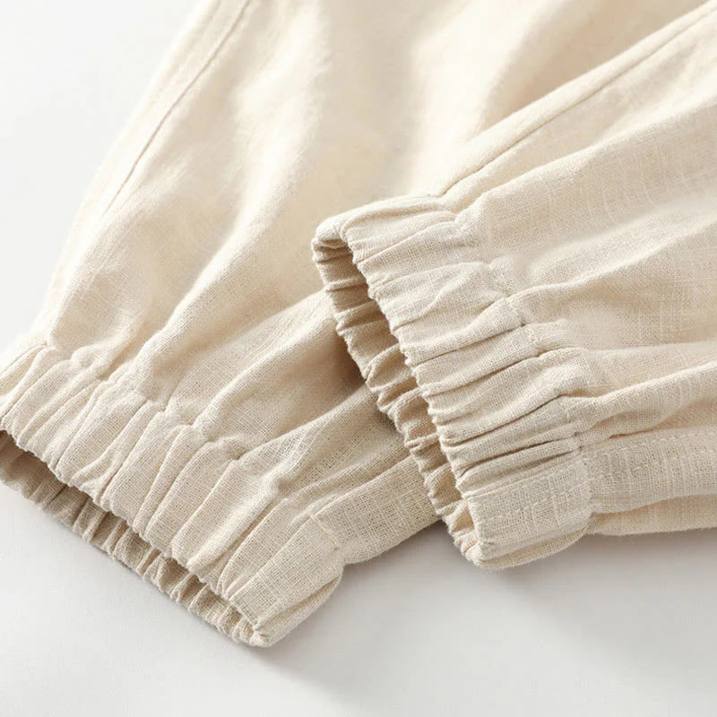 Buddha Stones Summer Ramie Linen Cotton Ankle-Length Elastic Cuffs Tapered Men's Pants With Pockets