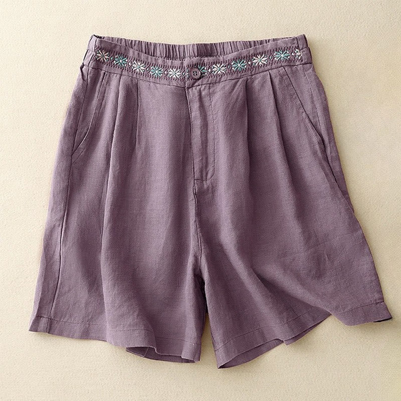 Buddha Stones Summer Casual Embroidery Flower Pleated Zipper Button Cotton Linen Women's Shorts With Pockets