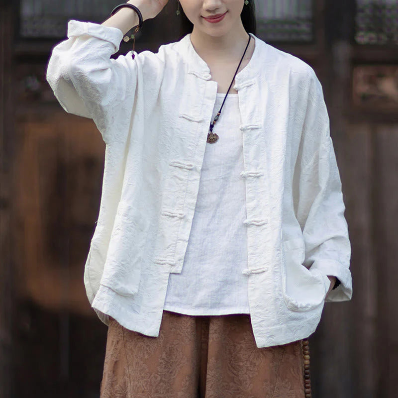 Buddha Stones Fall Jacquard Women's Frog-Button Long Sleeve Shirt Pants Cotton Linen Clothing