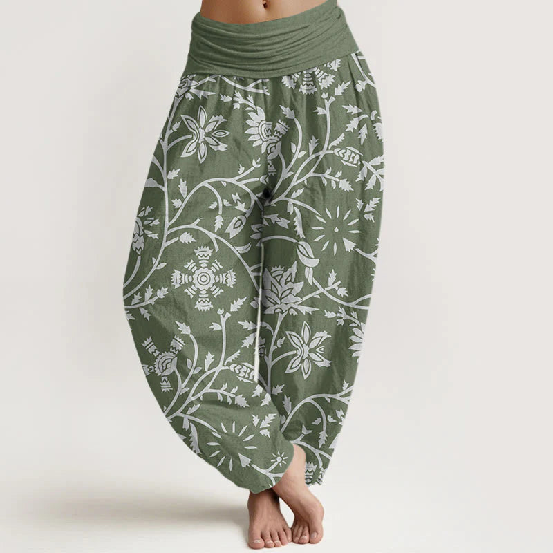 Buddha Stones Cotton Casual Floral Branches Flowing Vines Pattern Women's Elastic Waist Harem Pants