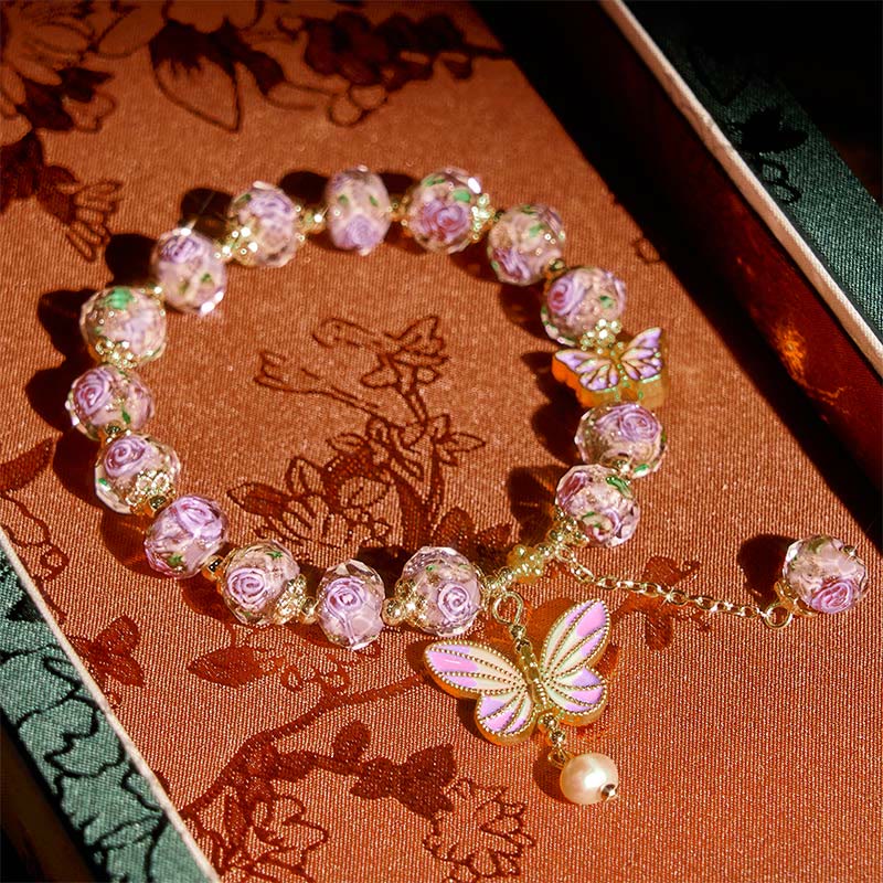 Buddha Stones Double Butterflies Charm Flower Liuli Glass Beaded Love Bracelet