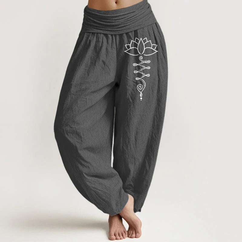 Buddha Stones Unalome Symbol Lotus Flower Pattern Women's Elastic Waist Harem Cotton Pants