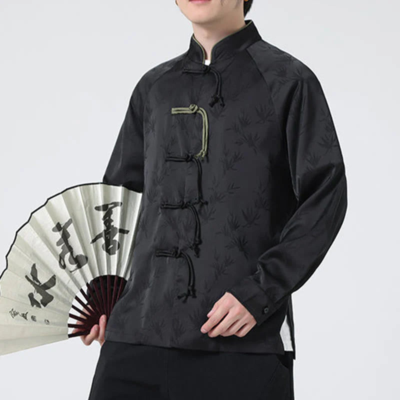 Buddha Stones Spring Jacquard Bamboo Leaves Pattern Chinese Frog-Button Design Men's Long Sleeve Shirt