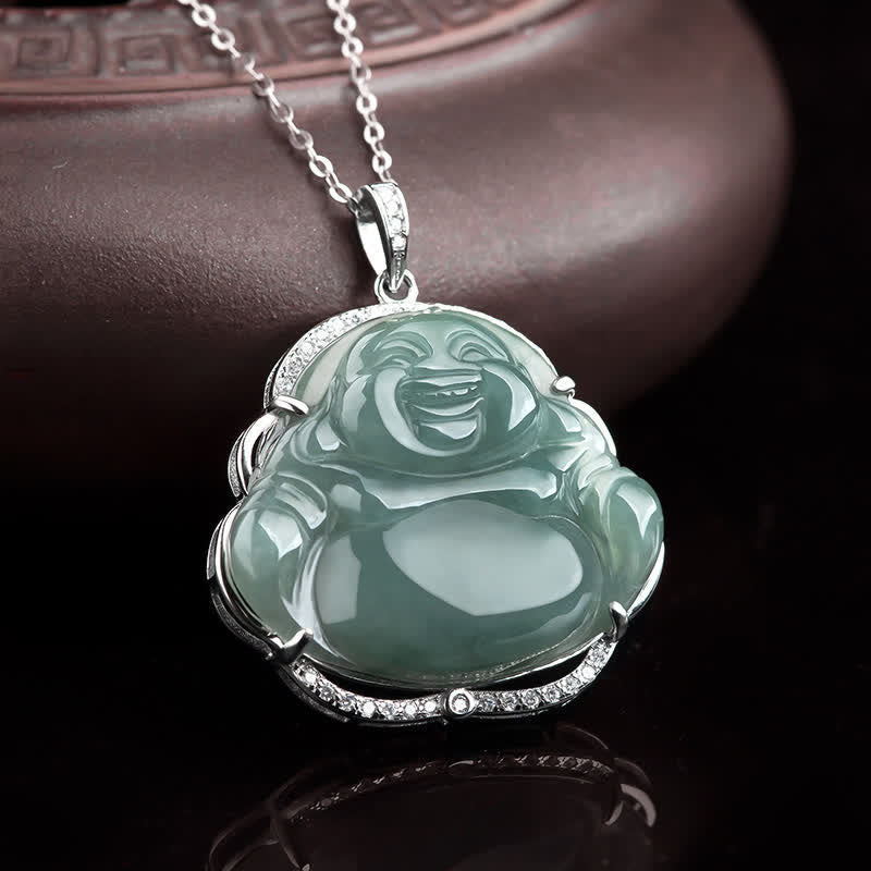 Buddha Stones Laughing Buddha Natural Jade Luck Necklace Titanium Steel Chain Pendant