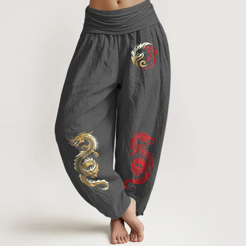 Buddha Stones Pure Cotton Dragon Pattern Women's Elastic Waist Harem Pants