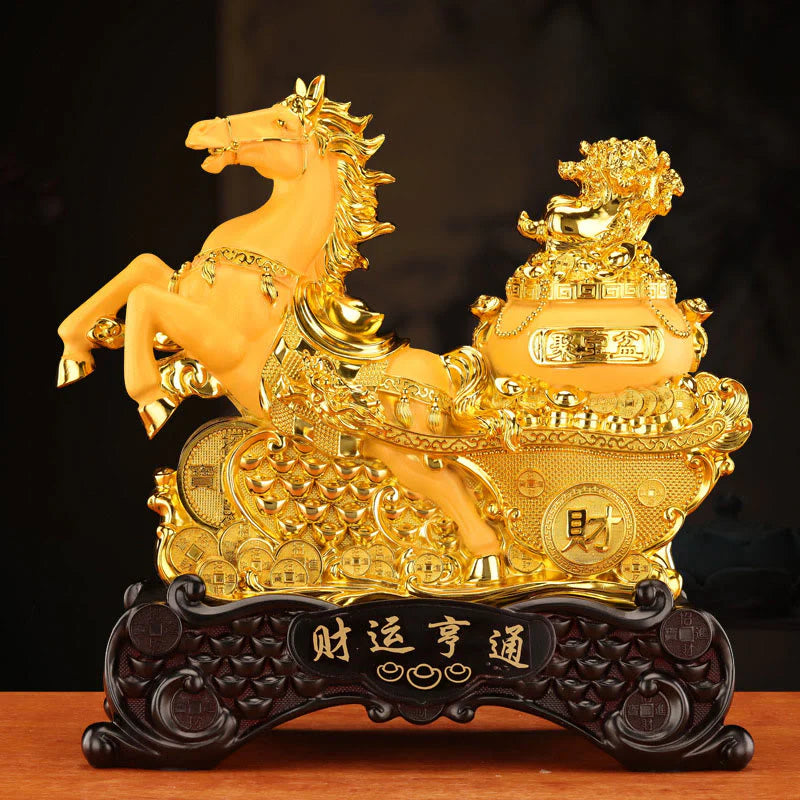 Buddha Stones  Good Fortune Year of the Horse Treasure Bowl Ingots Wealth Resin Home Decoration