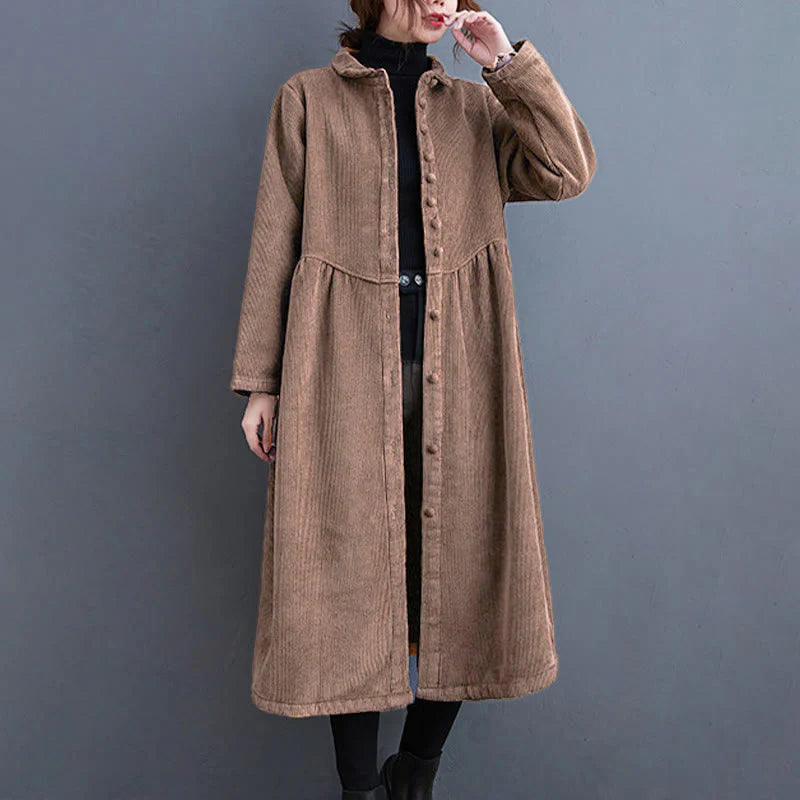 Buddha Stones Plain Buttons Long Sleeve Women's Cotton Corduroy Fleece-Lined Coat With Pockets
