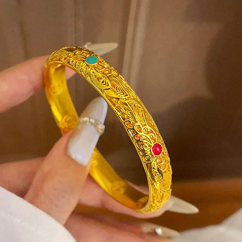 Buddha Stones Copper Plated Gold Flowers Leaves Luck Bracelet Bangle