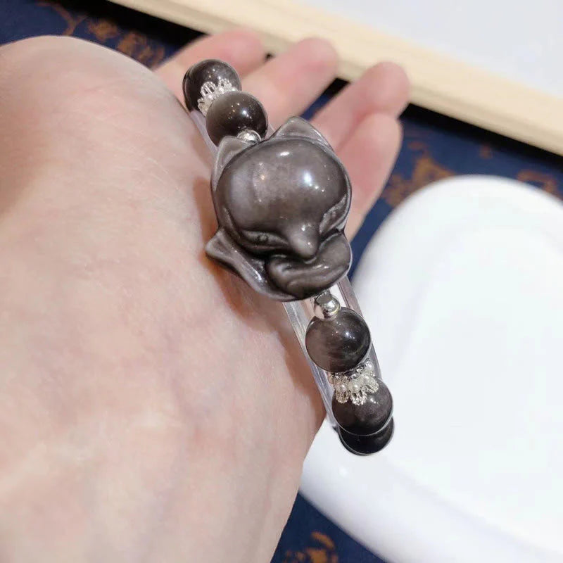 Buddha Stones Natural Silver Sheen Obsidian Nine Tailed Fox Communication Bracelet