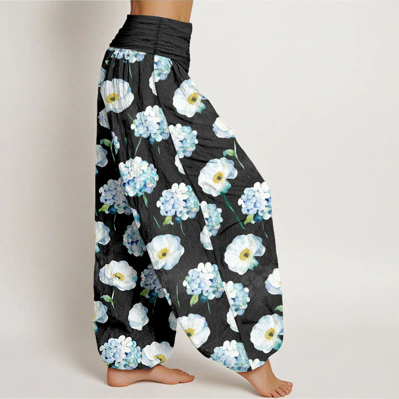 Buddha Stones Cotton Fresh Elegant Flower Pattern Women's Elastic Waist Harem Pants