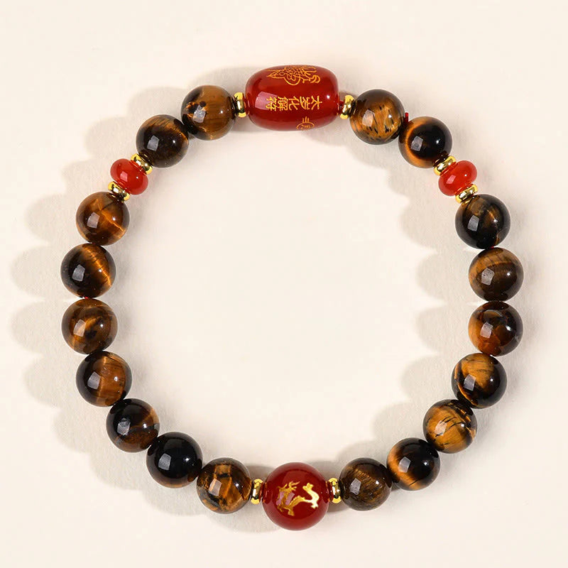Buddha Stones 12 Chinese Zodiac Natural Tiger Eye Red Agate Protection Bracelet
