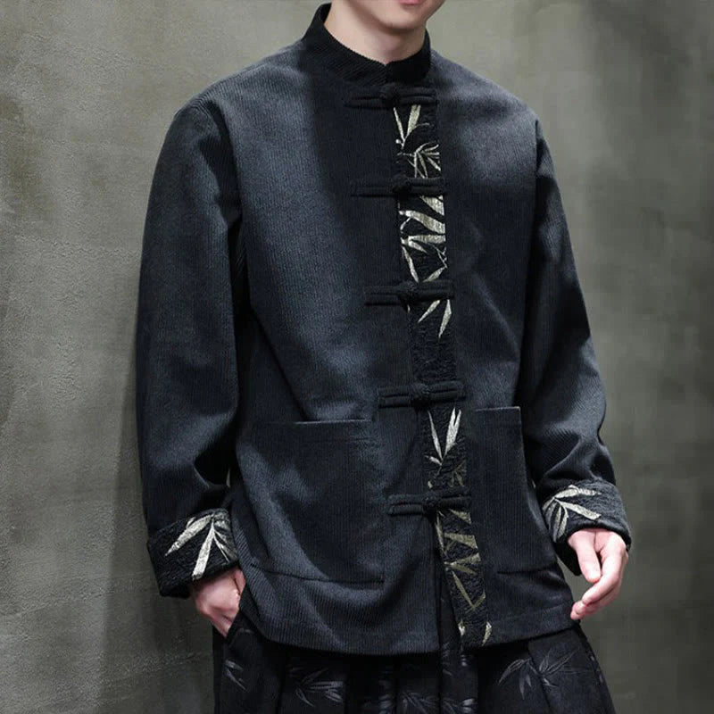 Buddha Stones Fall Bamboo Frog-Button Long Sleeve Men's Corduroy Cotton Jacket With Pockets