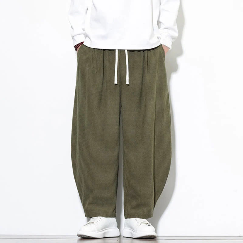 Buddha Stones Men's Plain Pure Cotton Corduroy Ankle-Length Harem Pants With Pockets