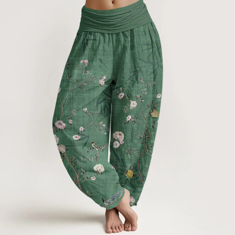 Buddha Stones Pure Cotton Pink White Flowers Bamboo Leaves Fruits Design Women's Elastic Waist Harem Pants