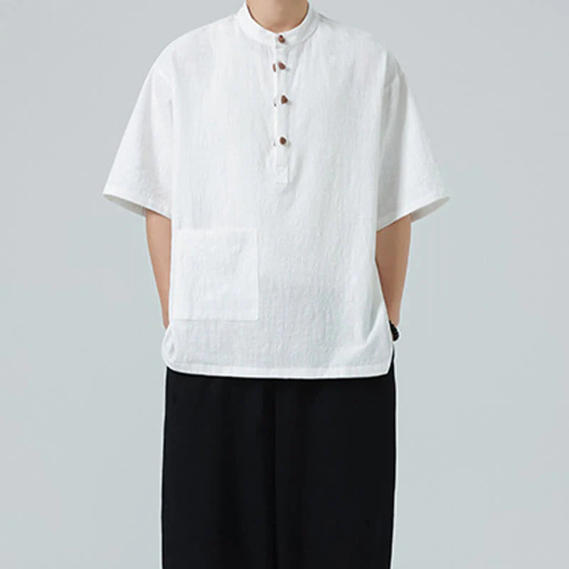 Buddha Stones Casual Half Frog-Button Design Stand Collar Tang Suit Men's Half Sleeve Cotton Shirt With Pocket