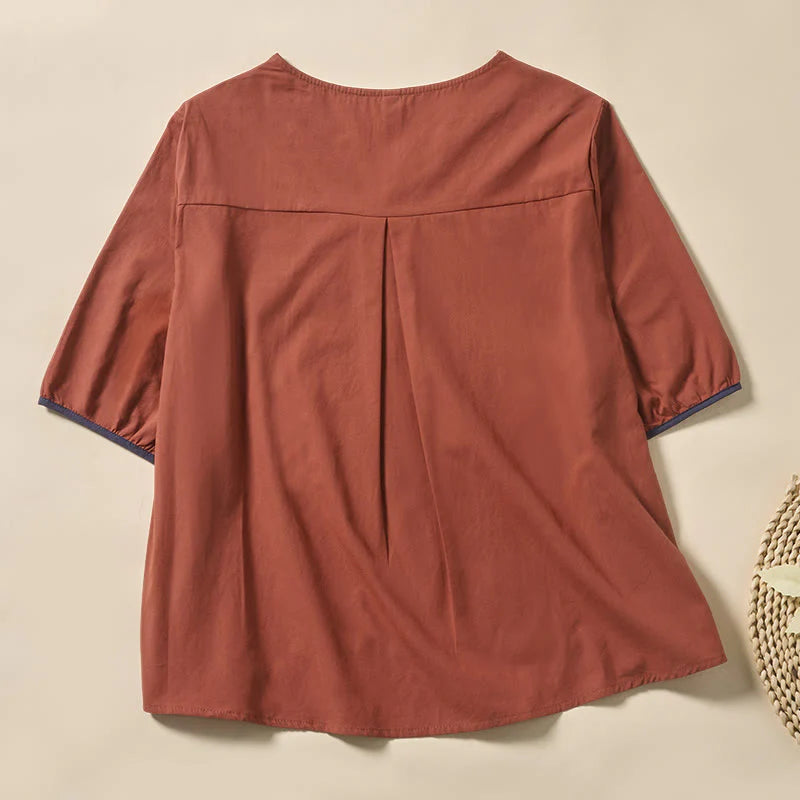 Buddha Stones Casual Floral Leaf Pattern V-Neck Women's Polyester Short Sleeve T-shirt