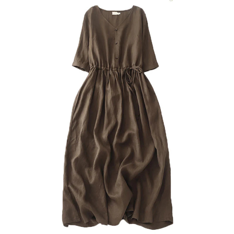 Buddha Stones Vintage Casual Solid Color Pleat Drawstring Design Half Sleeve Cotton Linen Midi Dress With Pockets