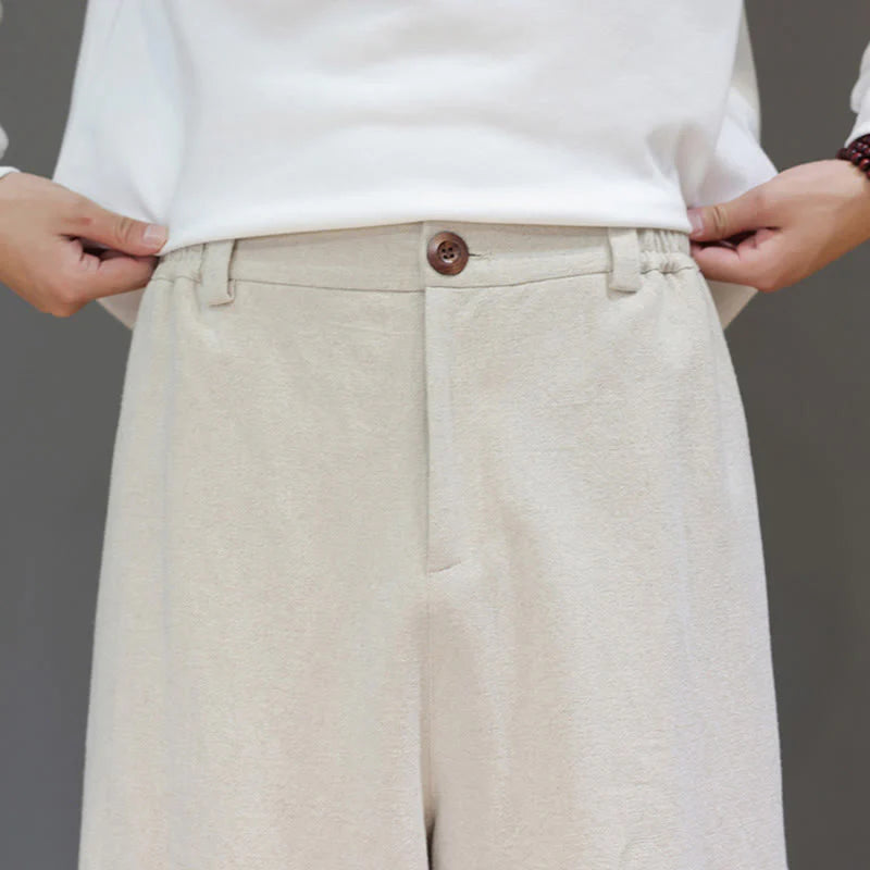 Buddha Stones Fall Sports Men's Pure Color Button Design Cotton Pants With Pockets