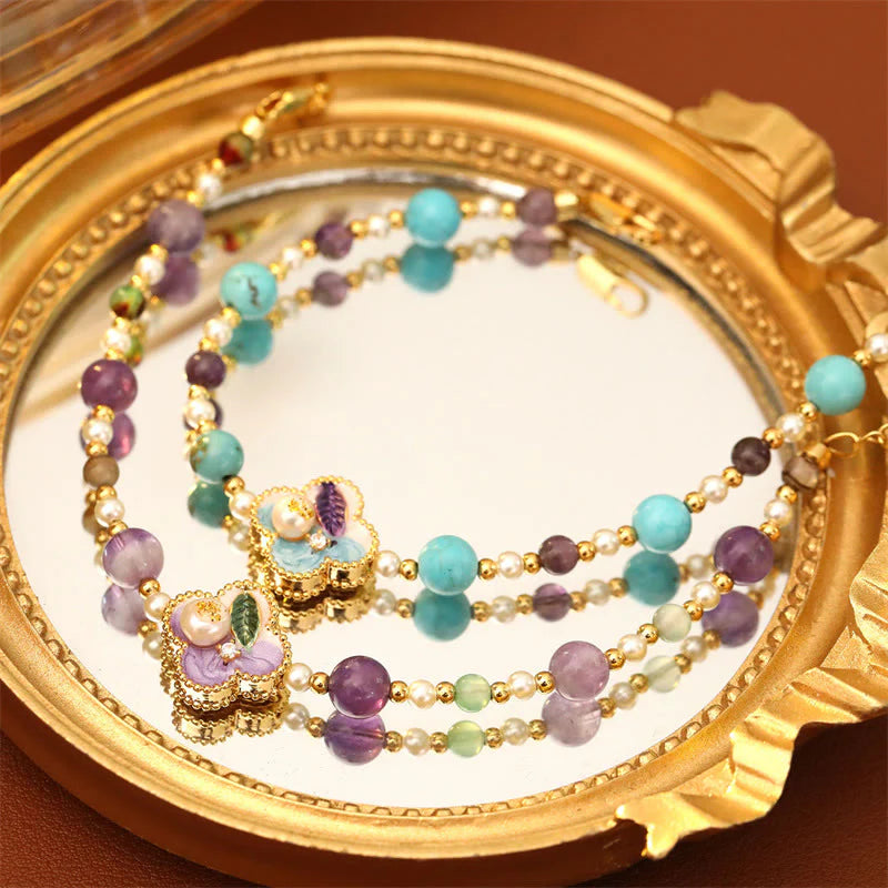 Buddha Stones Pearl Turquoise Beads Flower Design Copper Luck Chain Bracelet