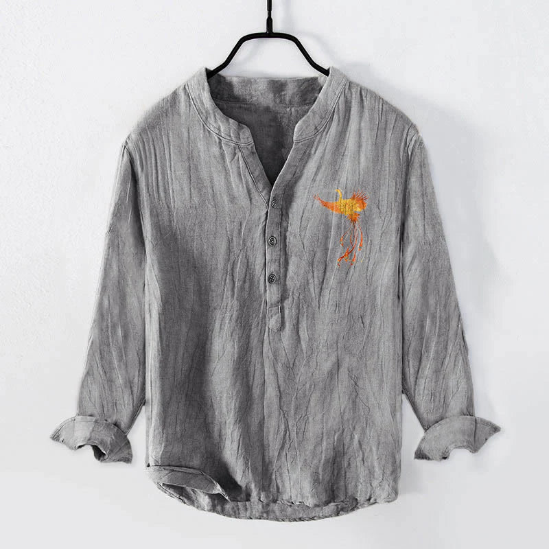 Buddha Stones Phoenix Clouds Red Sun Pattern Half Buttons Men's Cotton Linen Long Sleeve Shirt