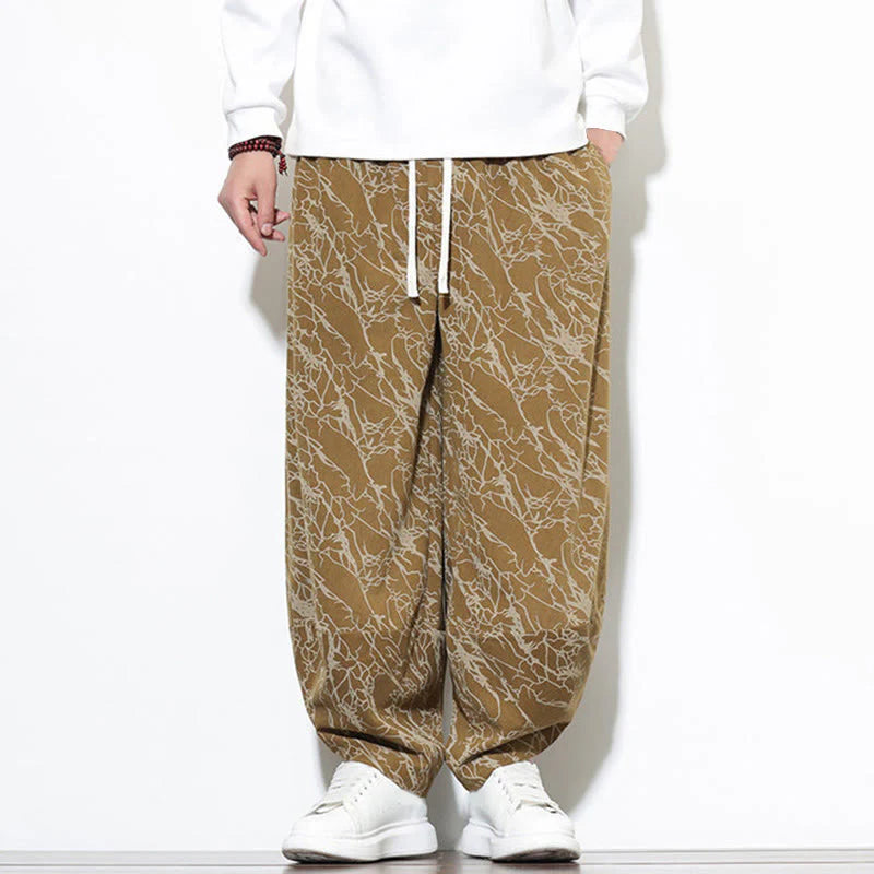 Buddha Stones Fall Textured Lines Print Cotton Elastic Waist Ankle-Length Men's Harem Pants With Pockets