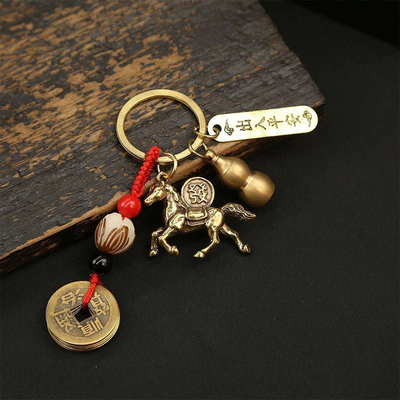 Buddha Stones Year Of The Horse Copper Brass Five-Emperor Coins Wealth Key Chain