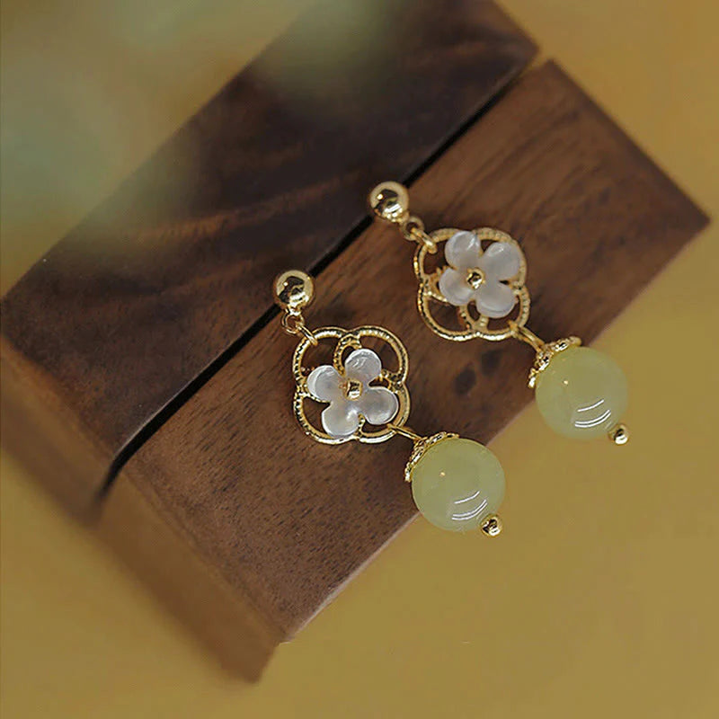 Buddha Stones Tridacna Stone Flower Jade Bead Blessing Drop Earrings