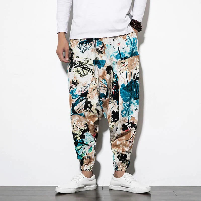 Buddha Stones Flowers Leaves Brown Blue Painting Print Cotton Men's Long Cropped Harem Pants With Pockets