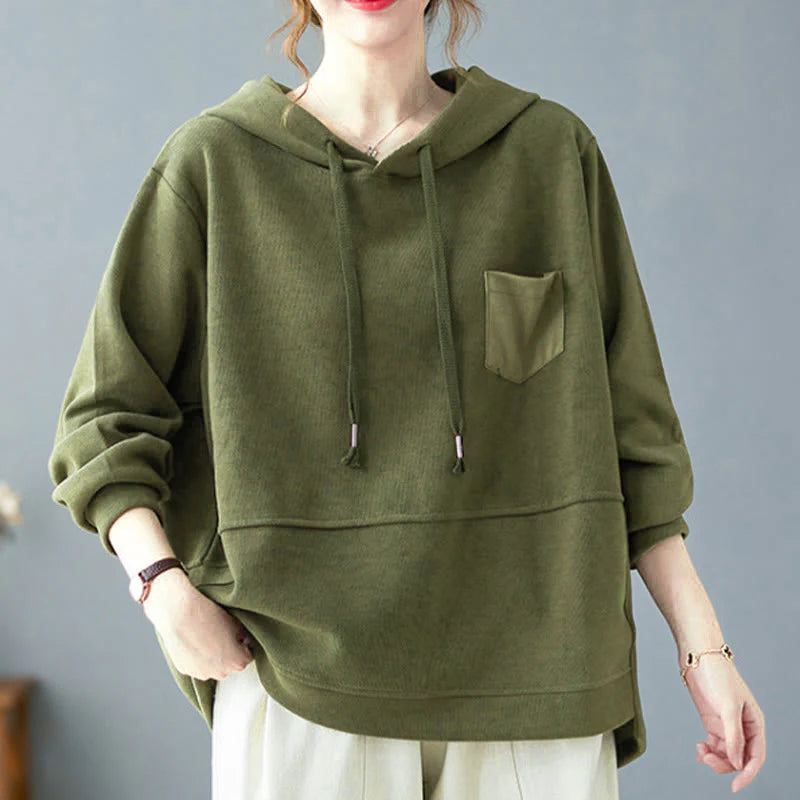 Buddha Stones Fall Solid Color Decorative Pocket Cotton Long Sleeve Women's Hoodie