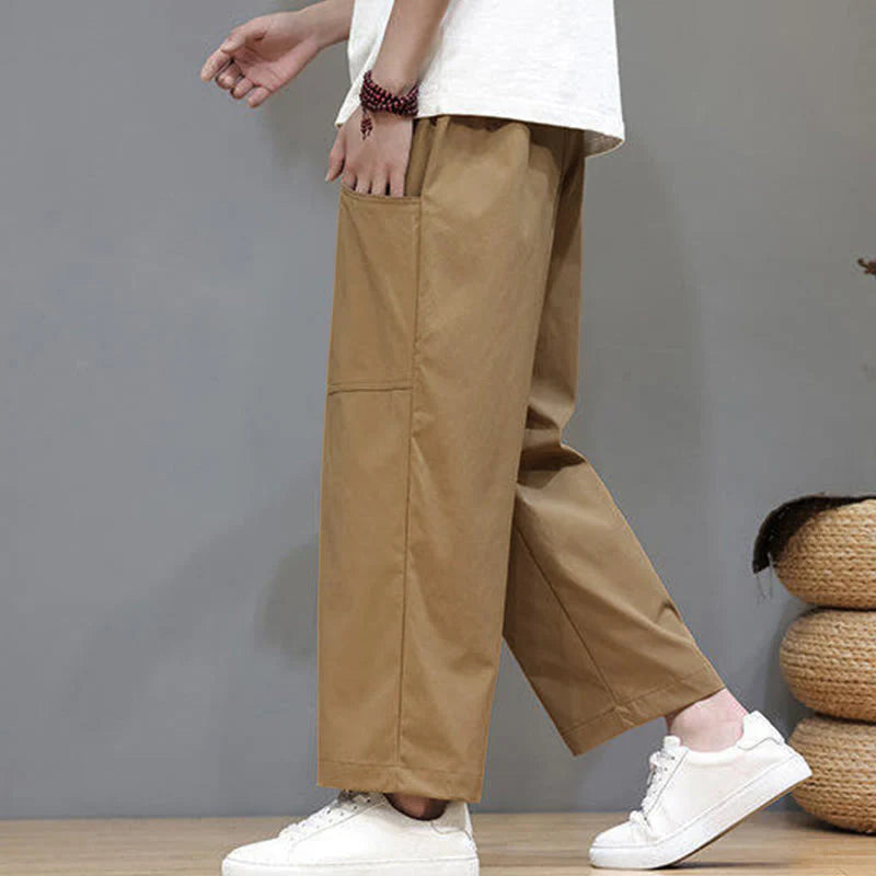 Buddha Stones Summer Solid Color Drawstring Straight Leg 7-8 Length Men's Pants With Pockets