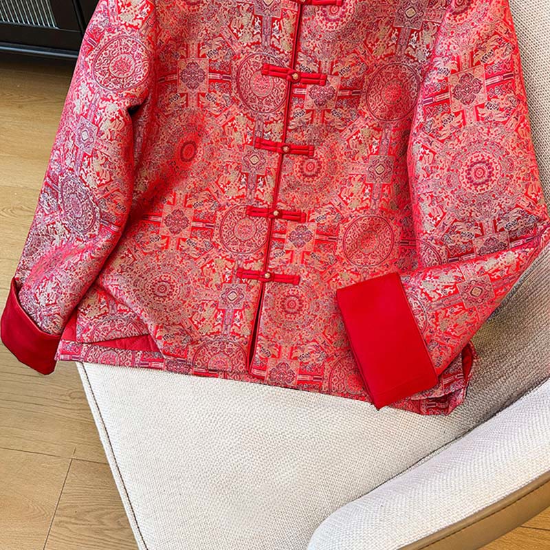 Buddha Stones Women's Jacquard Symmetric Floral Pattern Long Sleeve Jacket With Pockets