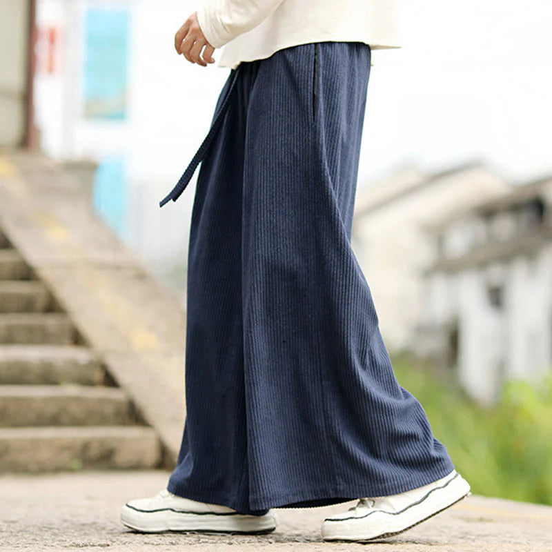 Buddha Stones Fall Solid Color Drawstring Design Men's Corduroy Wide Leg Pants With Pockets
