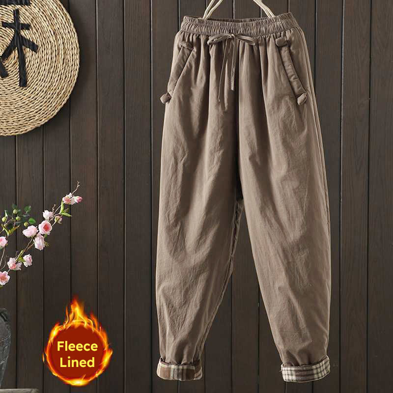 Buddha Stones Women's Winter Drawstring Fleece-Lined Thermal Harem Pants With Pockets