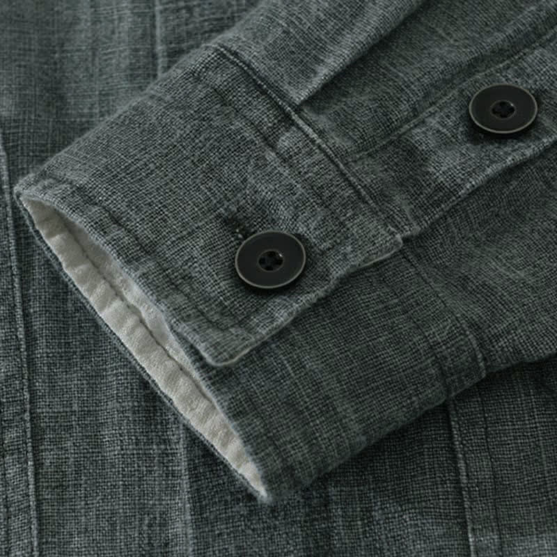 Buddha Stones Fall Plain Long Sleeve Buttons Design Men's Ramie Linen Cotton Shirts With Pocket