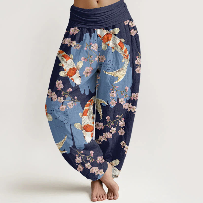Buddha Stones Cotton Casual Koi Fish Cherry Blossom Pattern Women's Elastic Waist Harem Pants