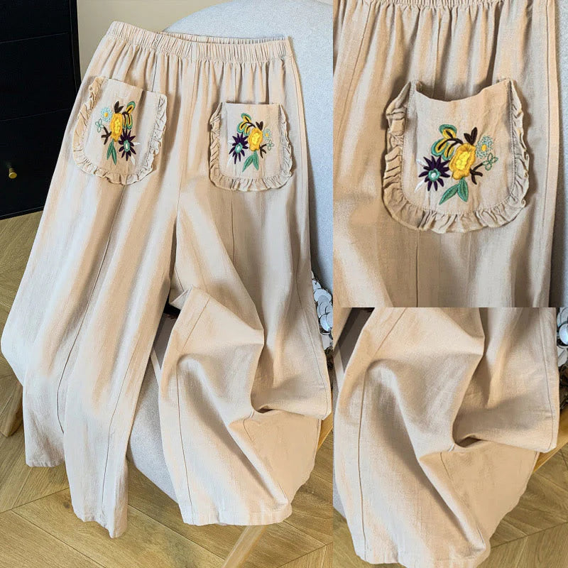 Buddha Stones Casual Beige Embroidery Women's Wide Leg Cotton Linen Pants With Pockets