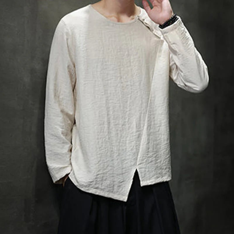 Buddha Stones Solid Color Loose Long Sleeve Round Neck Men's Shirts