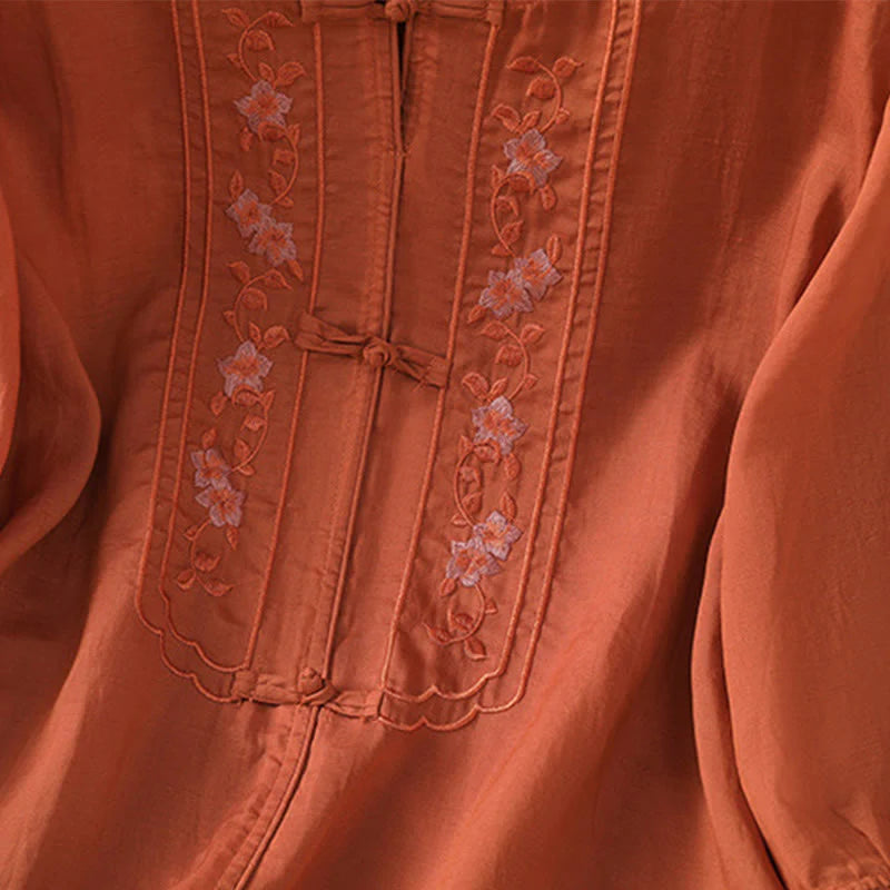 Buddha Stones Casual Embroidery Frog-Button Cotton Polyester Half Sleeve Women's Stand Collar Shirt