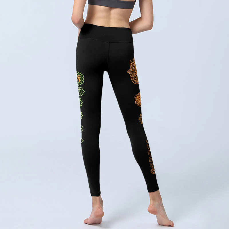 Buddha Stones Hamsa Flower Of Life Platonic Solids Chakra Pattern Gym Leggings Women's Yoga Pants