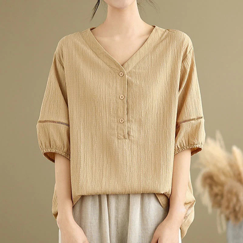 Buddha Stones Casual Plain Button V-Neck Women's Polyester Short Sleeve Shirt