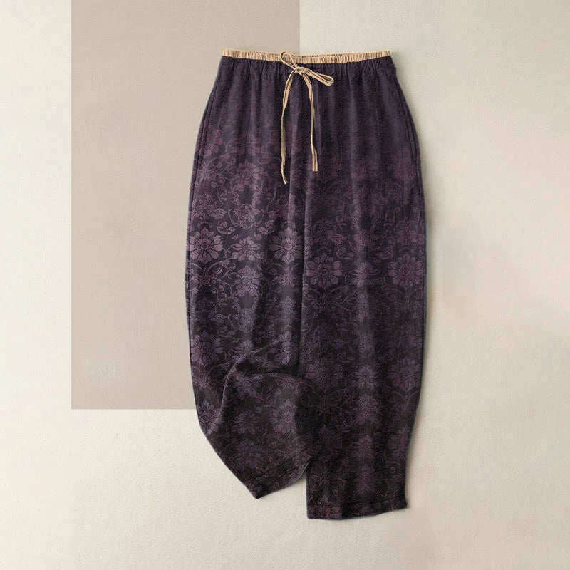Buddha Stones Pure Cotton Retro Decorative Floral Pattern Women's Elastic Waist Pants With Pockets