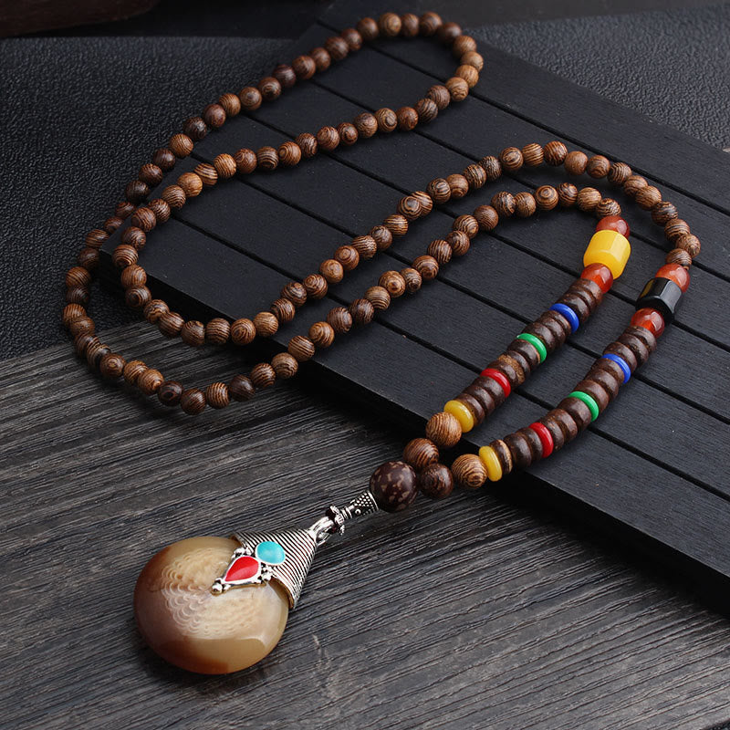 Buddha Stones Tibetan Wenge Wood Bodhi Seed Agate Balance Peace Necklace Pendant (Extra 40% Off | USE CODE: FS40)