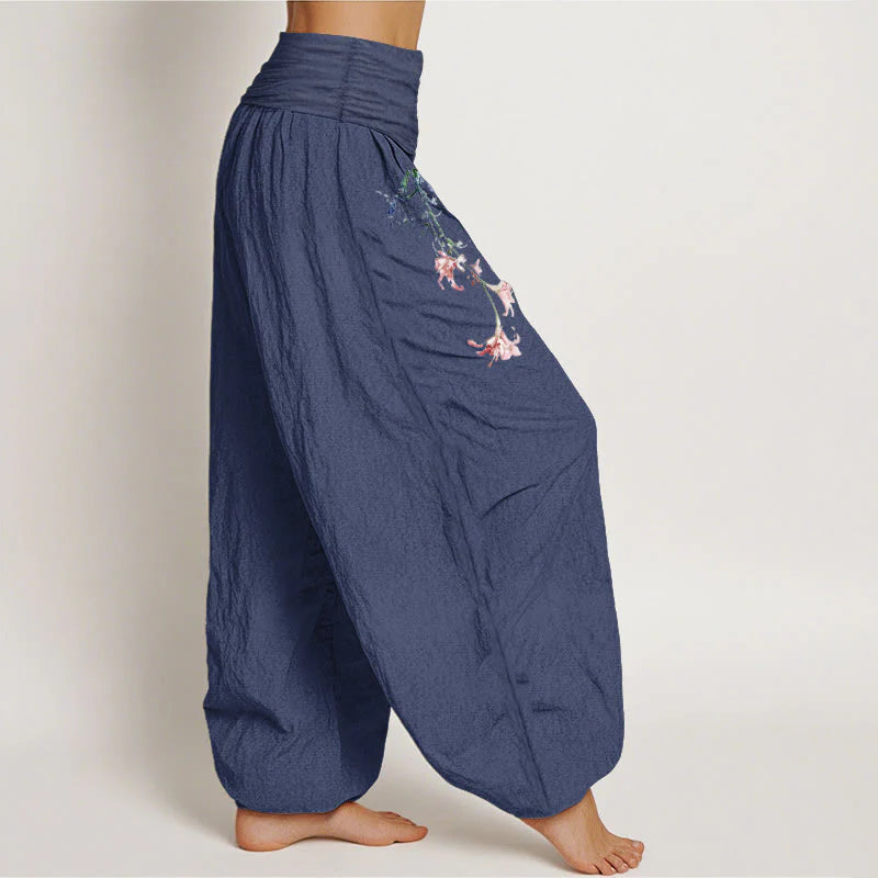 Buddha Stones Pure Cotton Simple Pastel Flower Pattern Women's Elastic Waist Harem Pants