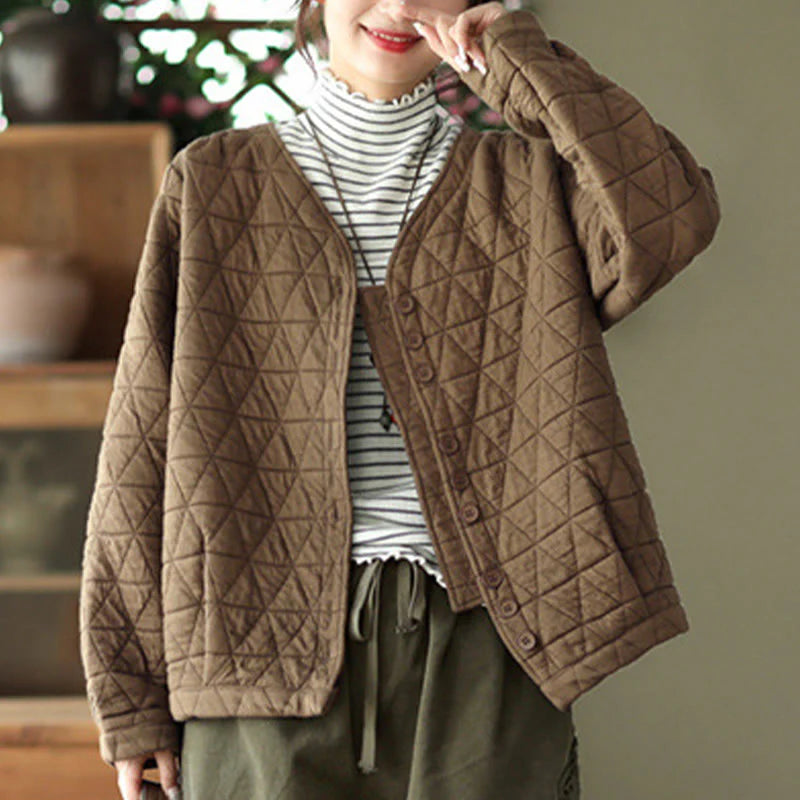 Buddha Stones Winter Cotton Long Sleeve Diamond Pattern Women's Thermal Jacket With Pockets