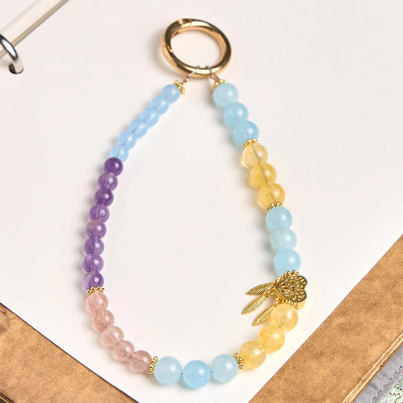 Buddha Stones Blue Chalcedony Citrine Heart Design Energy Key Chain Phone Hanging Decoration