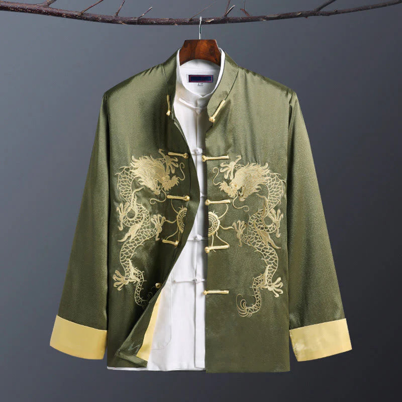 Buddha Stones Spring Fall Dragon Embroidery Frog-Button Long Sleeve Men's Jacket