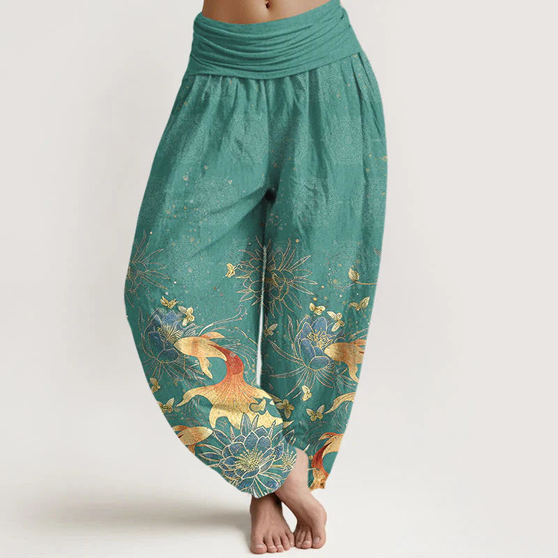 Buddha Stones Cotton Butterfly Koi Fish Lotus Pattern Women's Elastic Waist Harem Pants