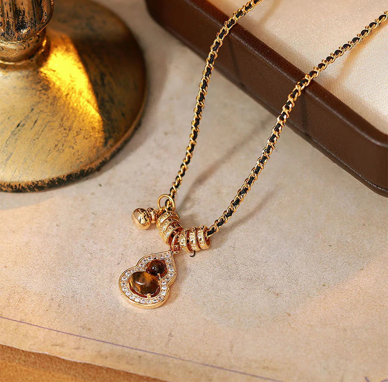 Buddha Stones Double Gourd Tiger Eye Copper Plated Gold Strength Necklace Pendant